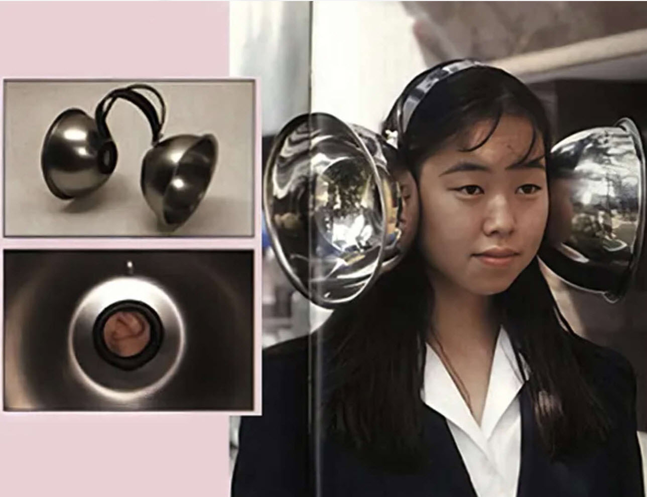 Woman wearning satellite-shaped ear devices